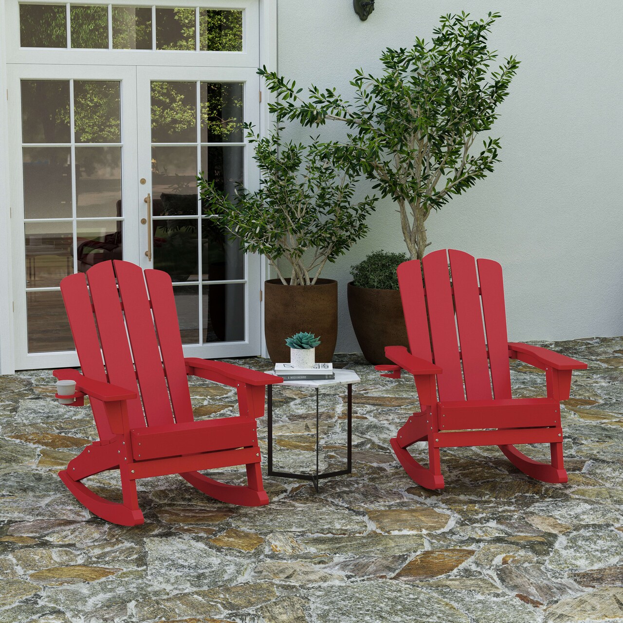Merrick Lane Ridley HDPE Adirondack Chair with Cup Holder and Pull Out Ottoman, All-Weather HDPE Indoor/Outdoor Chair